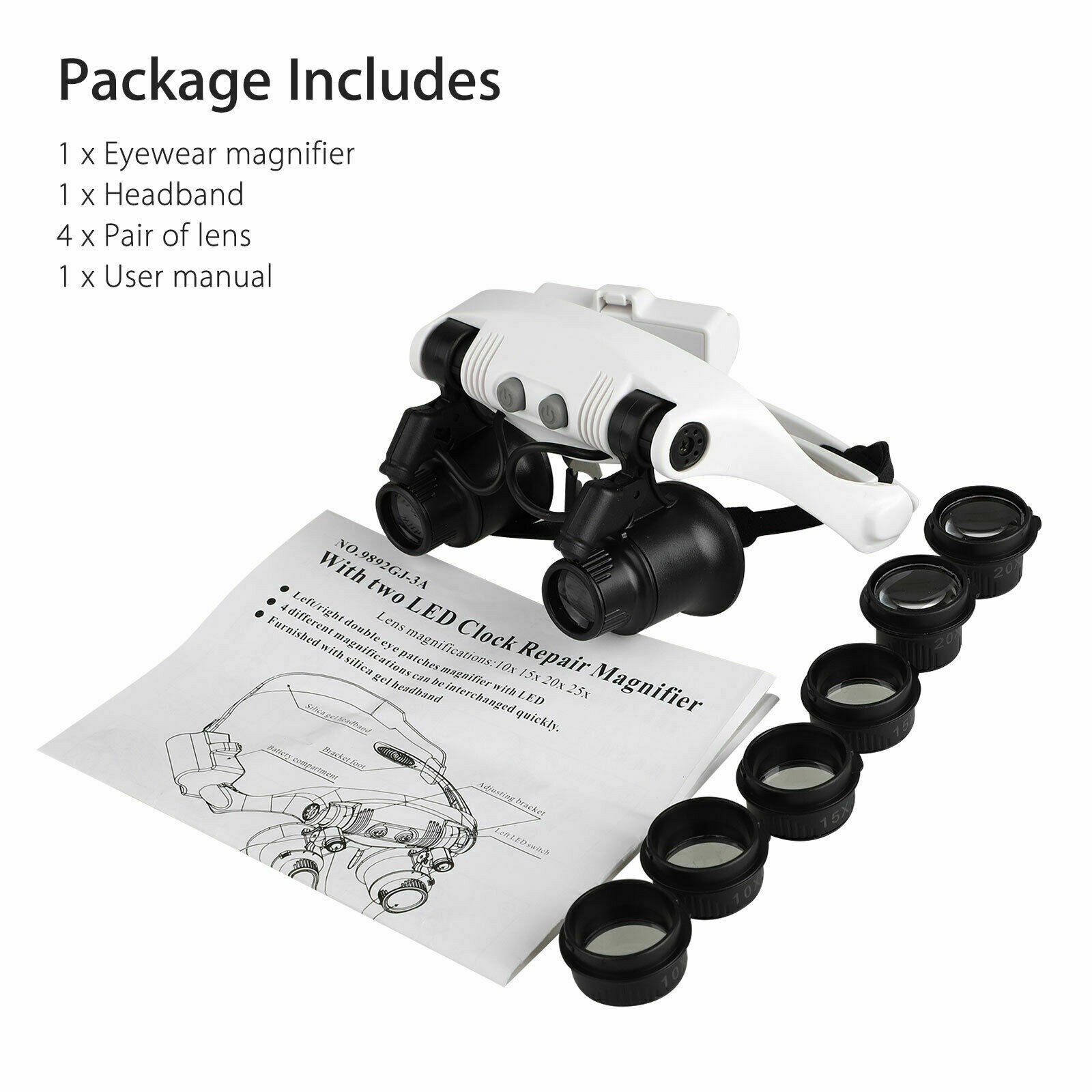New 10x 15x 20x 25x LED Head Magnifying Glass Jewelry Watch Repair Magnifier
