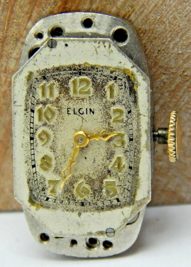 Vintage 1937 Elgin 529 7 jewel 21/0s art deco wrist watch movement with dial