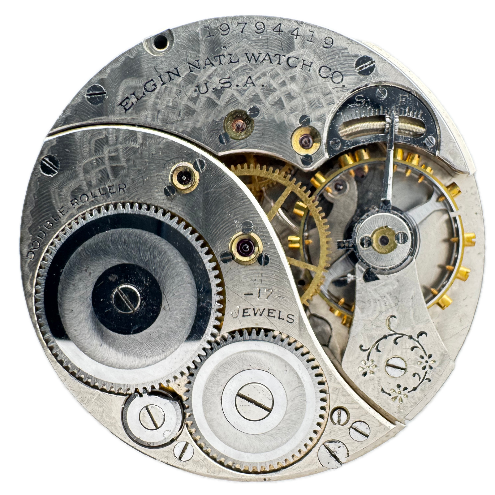Antique 12s 1917 Elgin Double Sunk Dial Engraved Pocket Watch Movement 345 USA