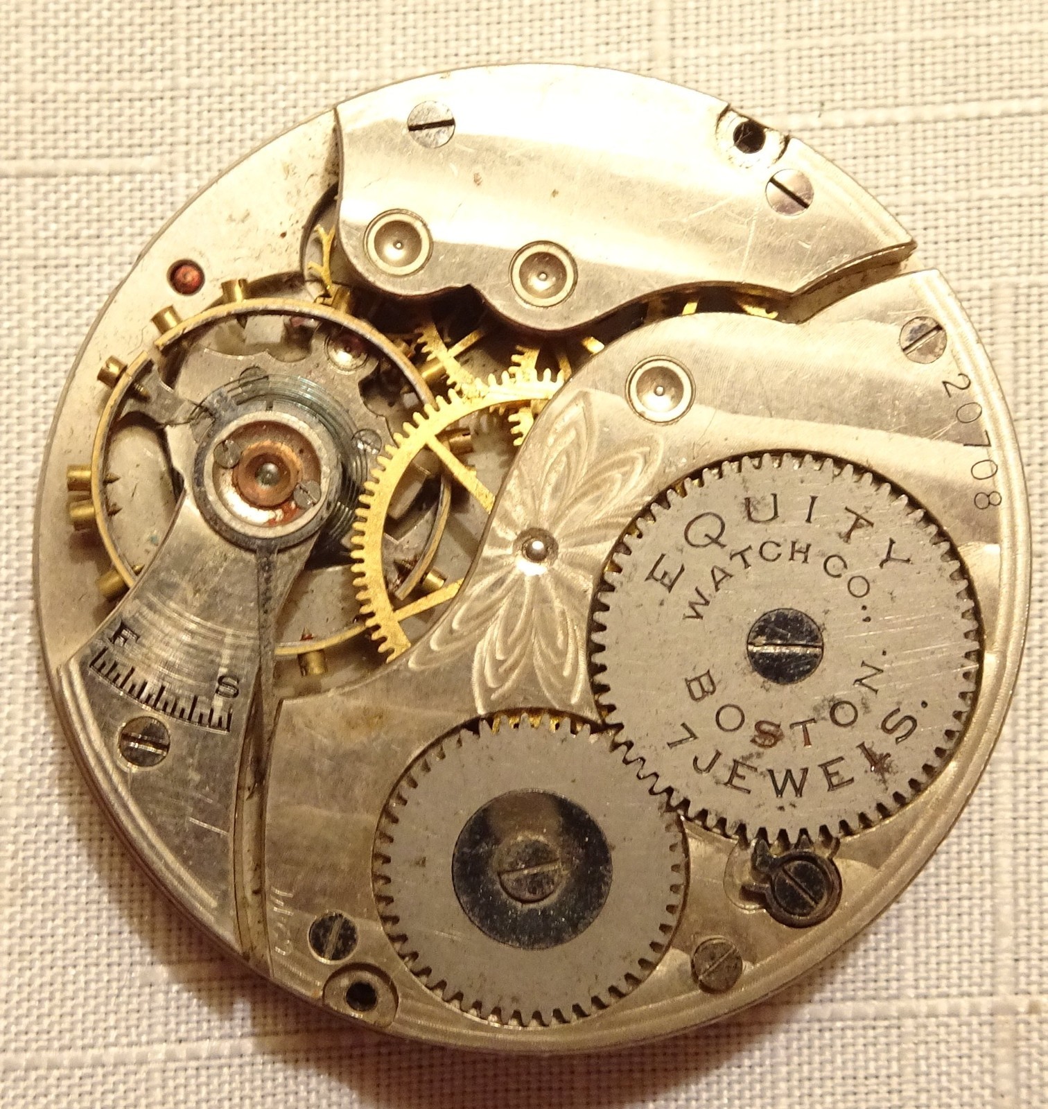 Equity Pocket Watch Movement 16S 7J Antique Parts or Repair
