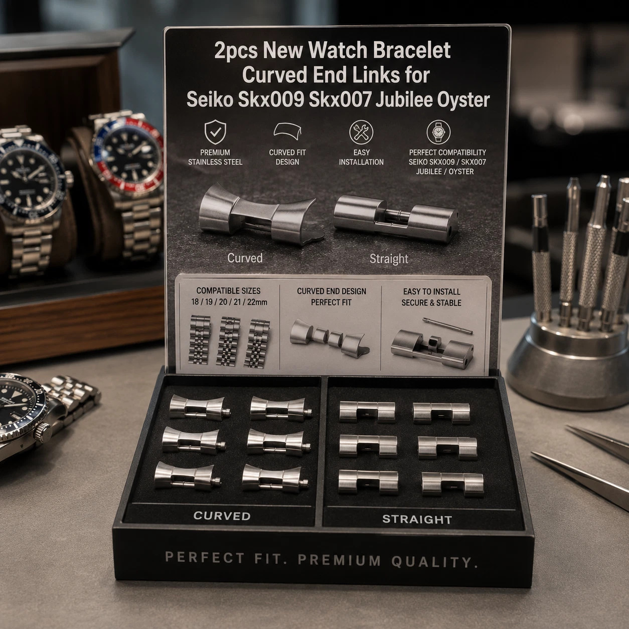 2pcs New Watch Bracelet Curved End Links for Seiko Skx009 Skx007 Jubilee Oyster