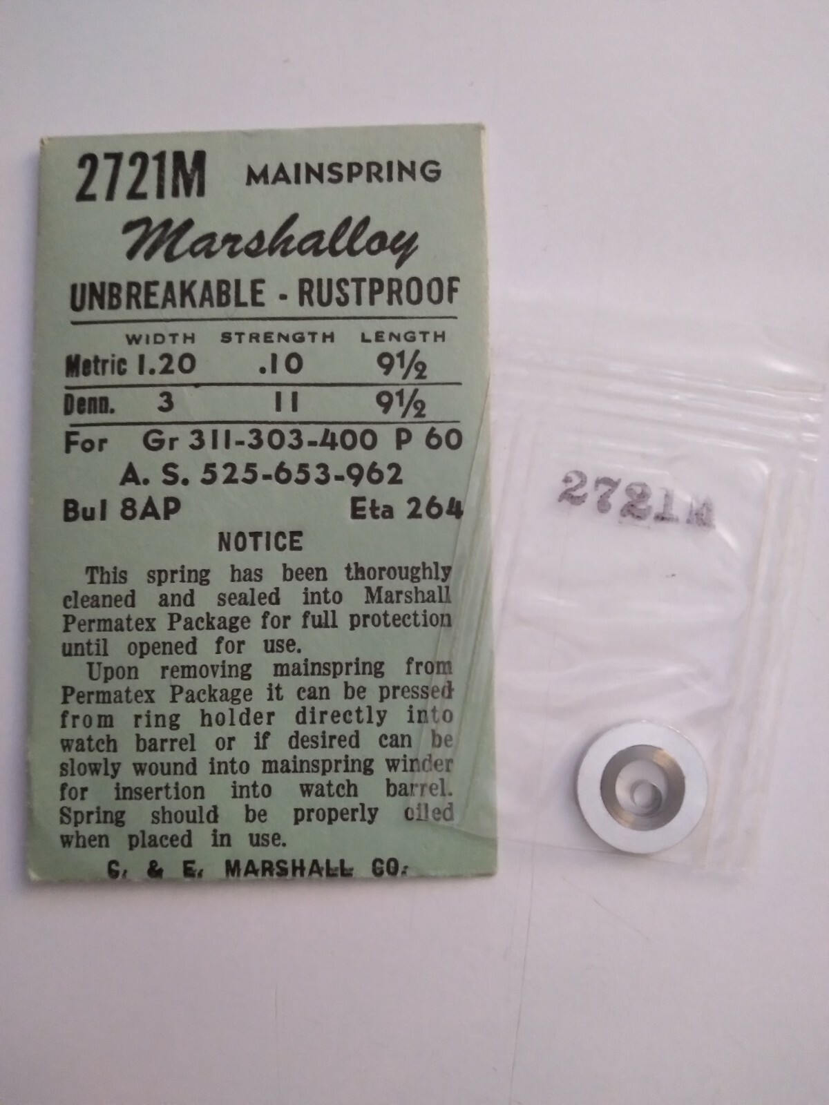 NOS Watch Parts, White Alloy Mainspring,Alloy Mainspring Watchmakers Repair Part