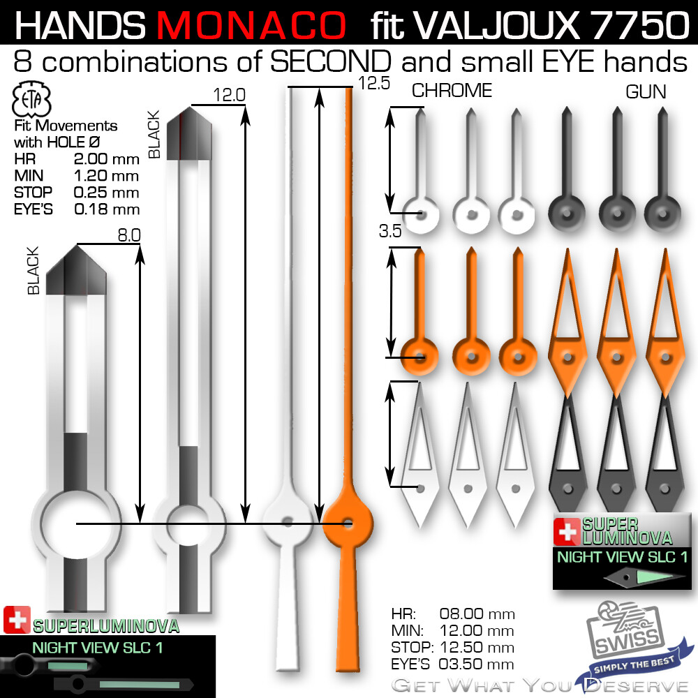 HANDS SET FOR MOVEMENT ETA VALJOUX 7750, MONACO, ref 20-27, SLC1 – SUPERLUMINOVA
