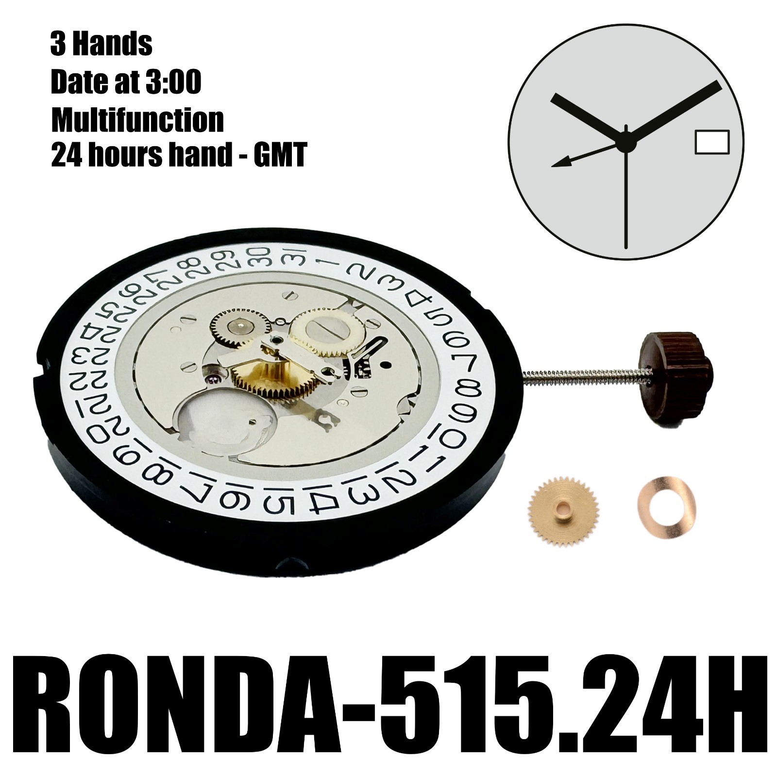 Genuine Ronda 515.24H Quartz Movement Swiss 3 Hand GMT Watch Repair Part 1 Jewel