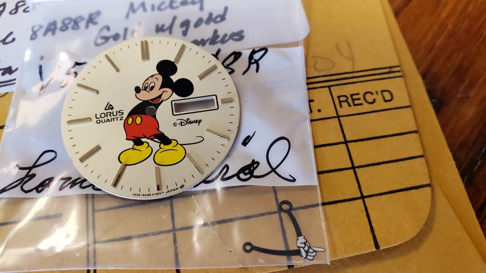 VTG 80’s Lorus Mickey Mouse Watch Dial w/ Hands, Gold markers & window V533-8A88