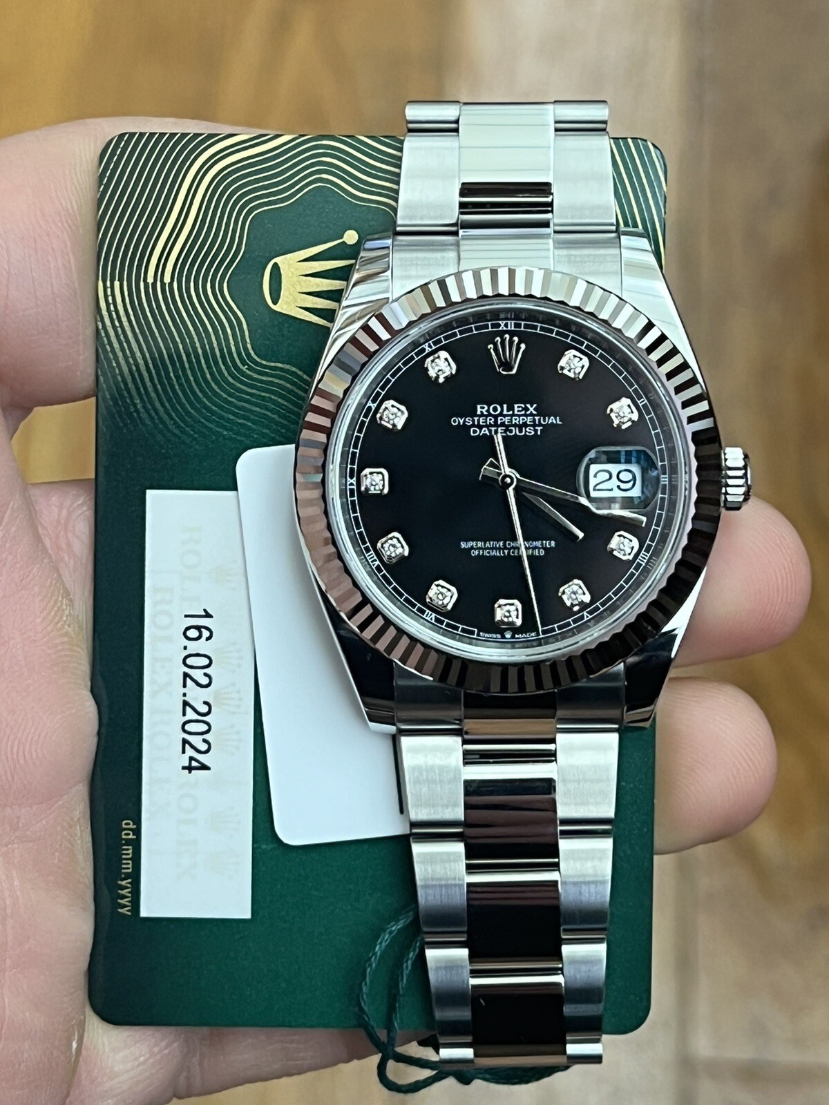 Rolex 41mm Datejust Black Diamond Dial With 18 Carat Gold Fluted Bezel. Unworn!!