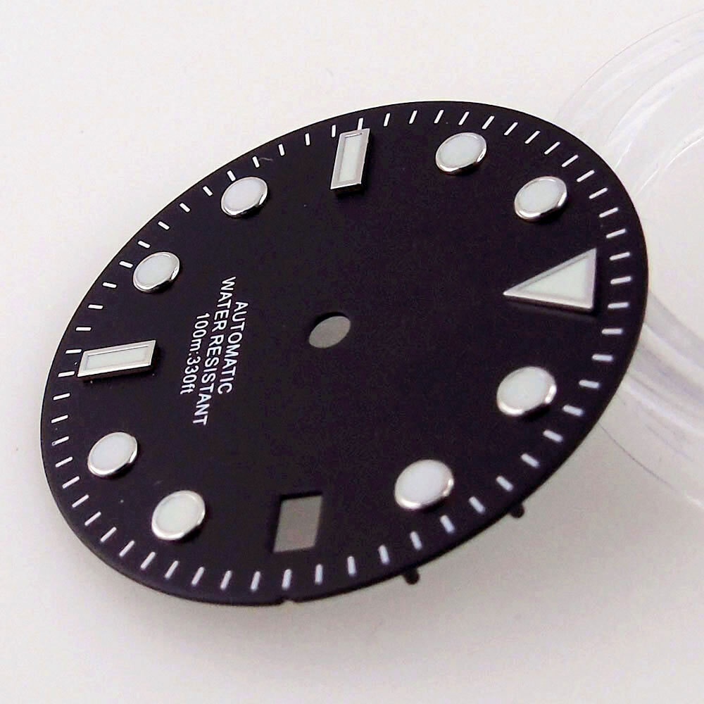 29MM Luminous Greenish-blue Watch Dial Silver Edge Marks Date Window Fit NH35