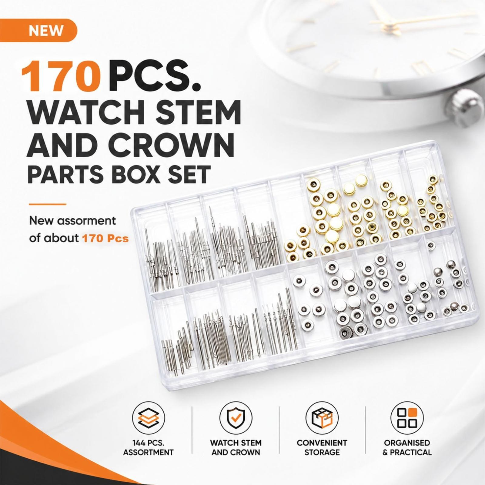 170 Pcs New Watch Stem+Watch Crown Parts Box Set For Ladies And Quartz Watches