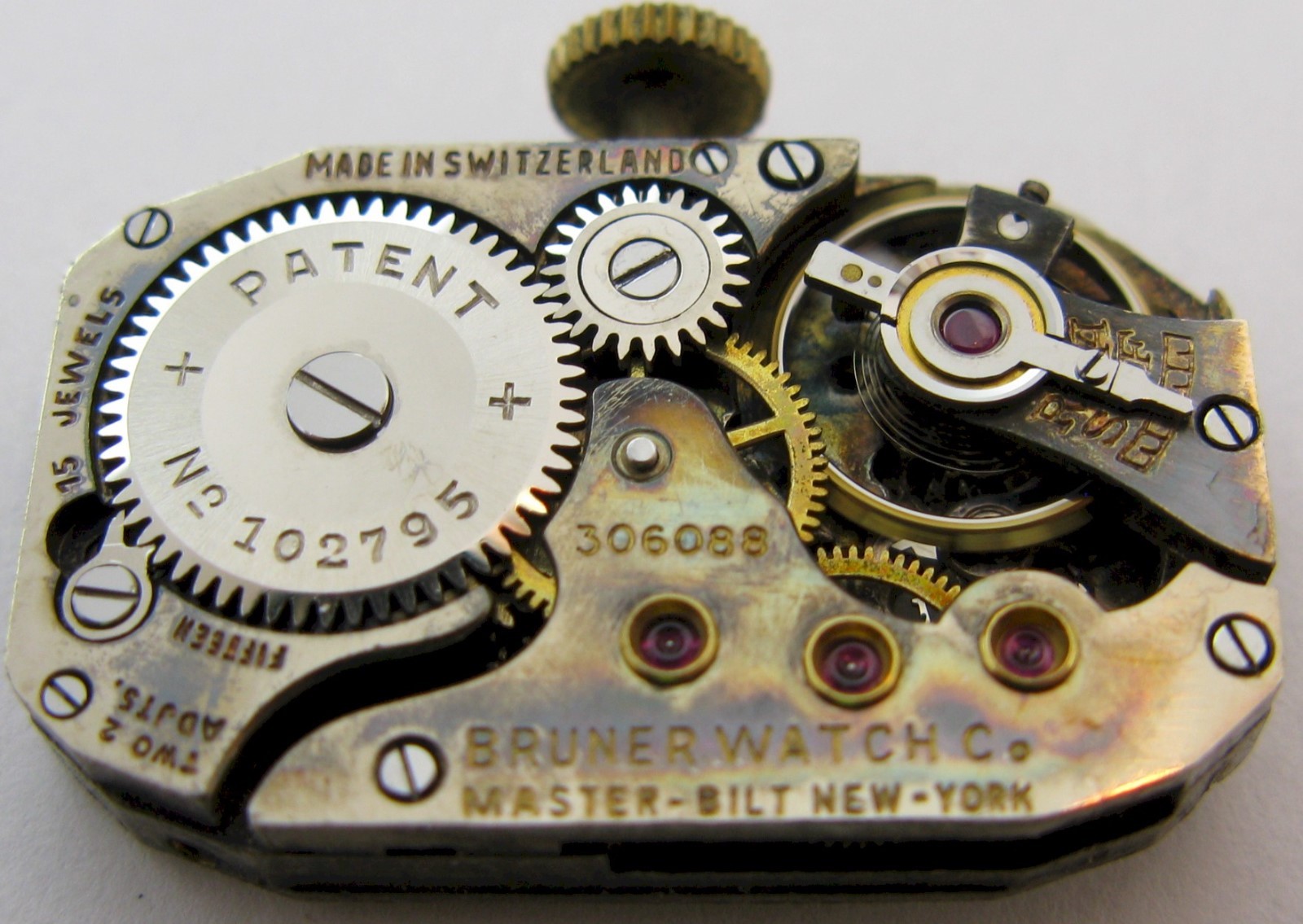Swiss rectangle 15.5 x 24.5 mm Bruner W Co. NY watch movement for parts
