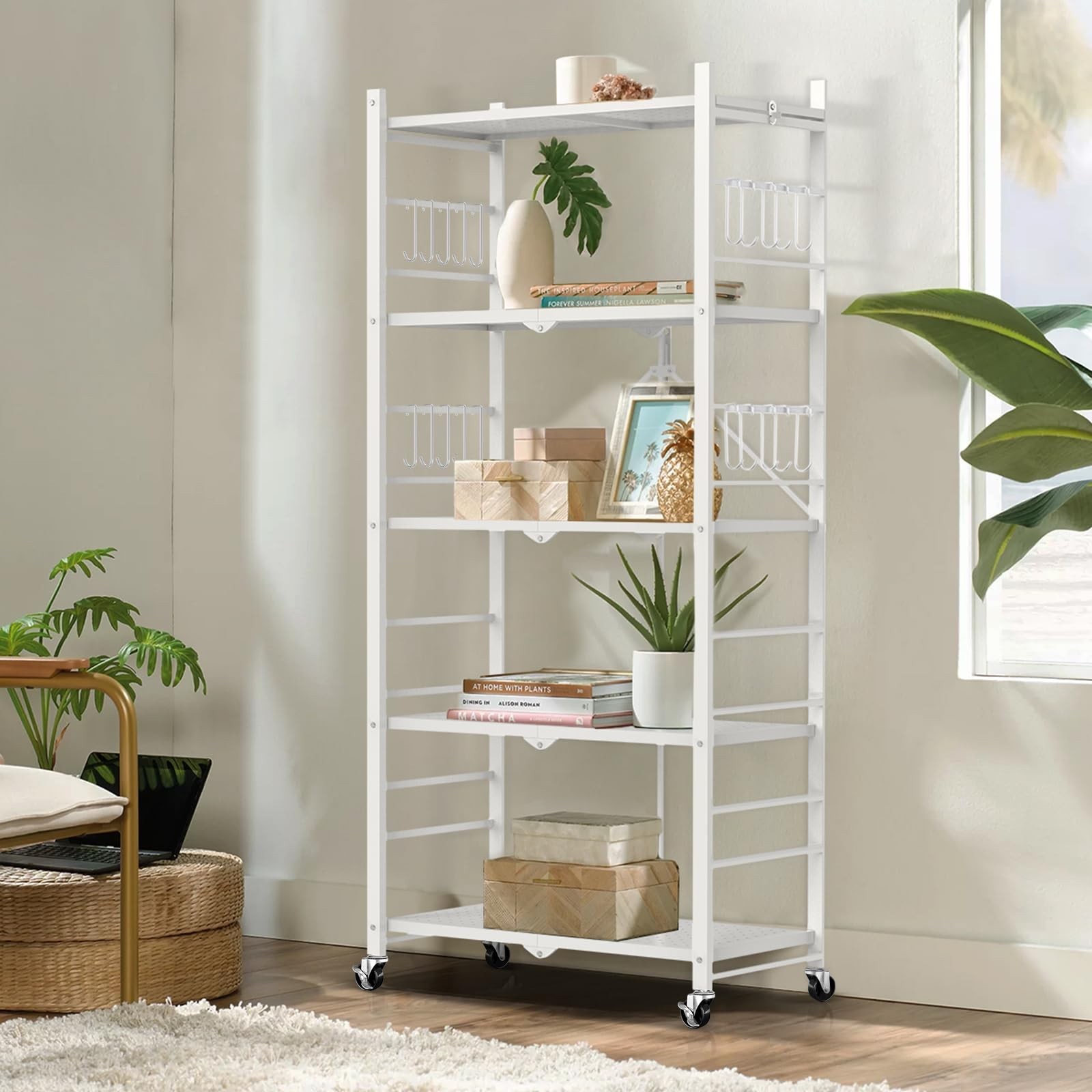 Himix Storage Shelves with 20 Hooks, 5-Tier Foldable Shelves for Storage, Col…