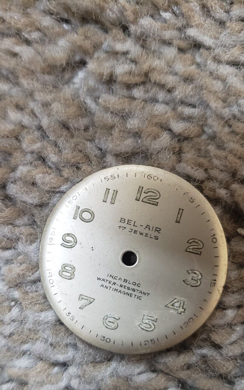 Vintage 1950’s 60’s Bel-Air Watch Dial Silver Incabloc Round w/ Olive Markers