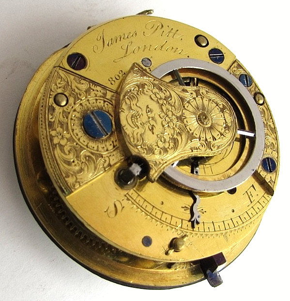Antique James Pitt London Verge Fusee Pocket Watch Movement Mask Cock c1780-1820
