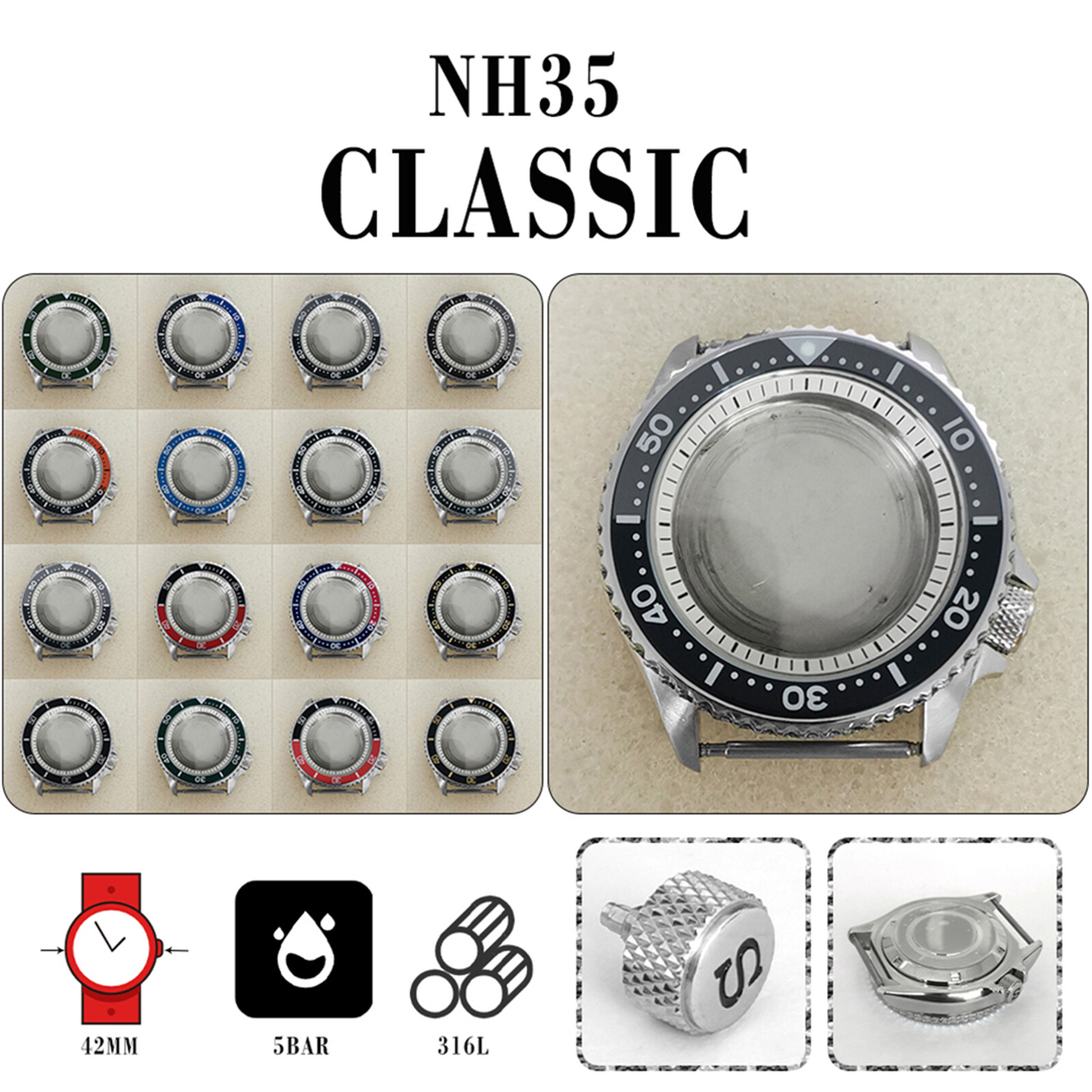 42MM Watch Case White Inner Ring Bezel Case for NH35/NH36/4R Watch Movement Part