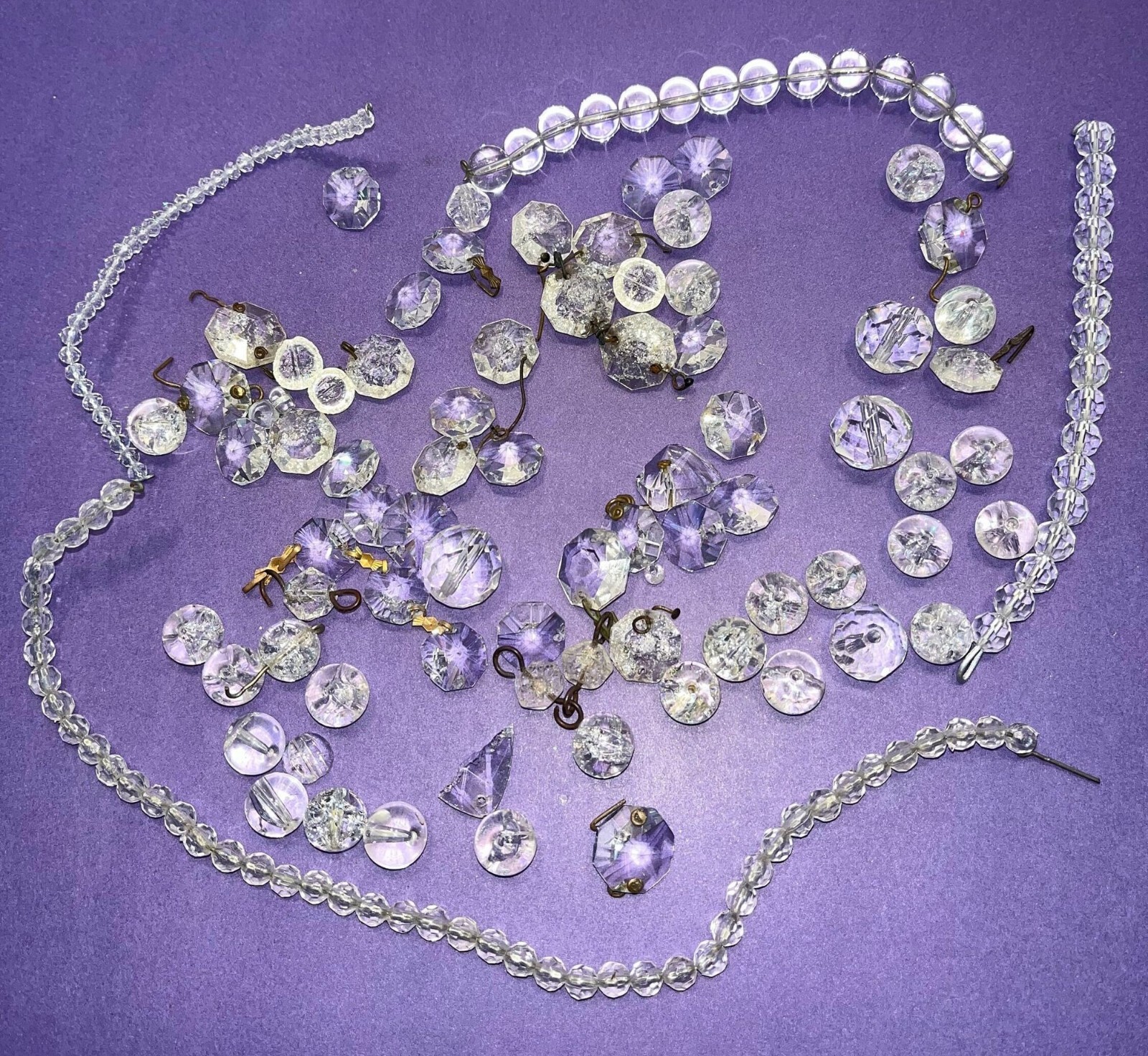 Antique Crystal Lot, 4 Wired Glass Crystals Longest 11″, Round Antique crystals,