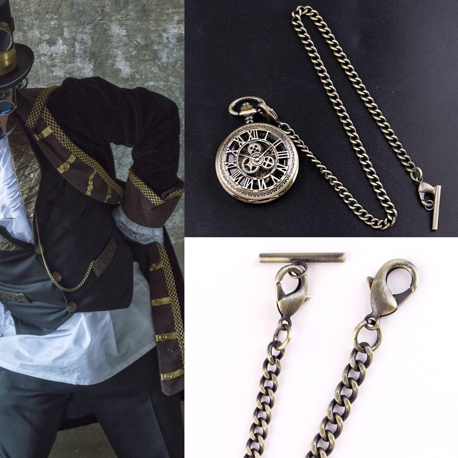 Gold/Silver Customizable Pocket Watch14 Inch Chain with Twisted Thick & T Bar…