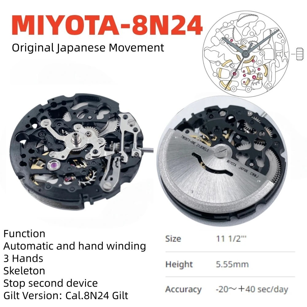 Miyota 8N24 Modified Skeleton Automatic Movement 21 Jewel Mechanical Watch Part