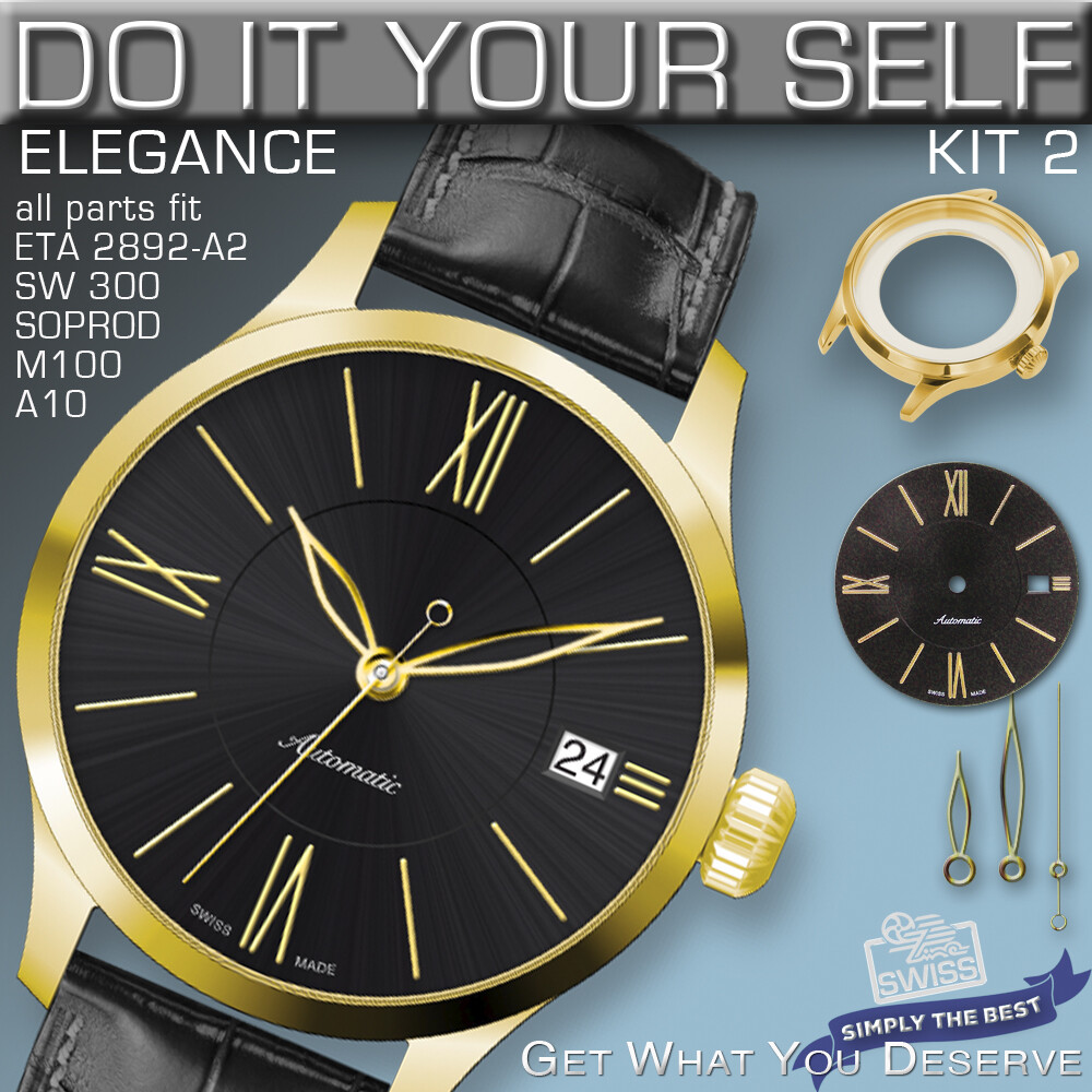 DO IT YOURSELF KIT 2: ELEGANCE CASE 34MM, DIAL, HANDS, fit ETA 2892-A2, SW300