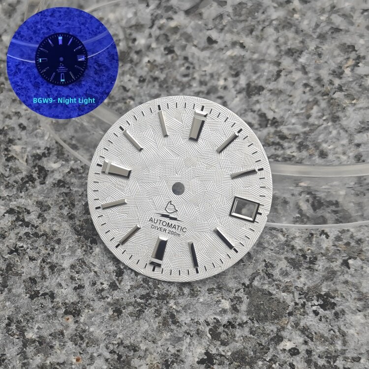 28.5mm Silver Textured Dial 3H Date BGW9 Lume Fit Auto Mod Part