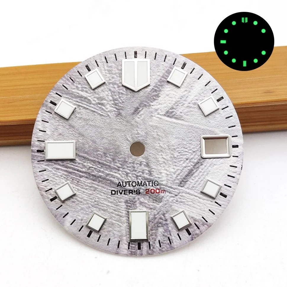 28.5MM NH35 Diver Watch Dial Green Luminous Replacement Part Meteorite Texture