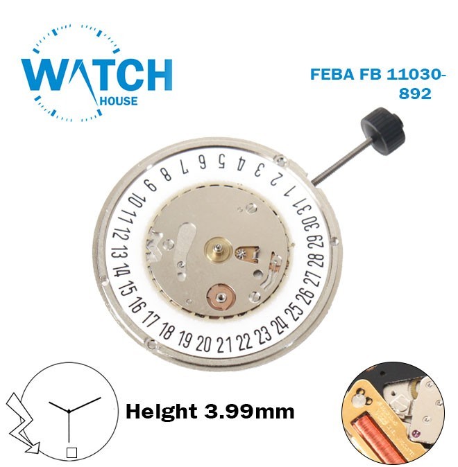 FEBA FE 11030-892 Watch Swiss-Movement -3 Hands-H:3.99mm-White Date Disk at 6.