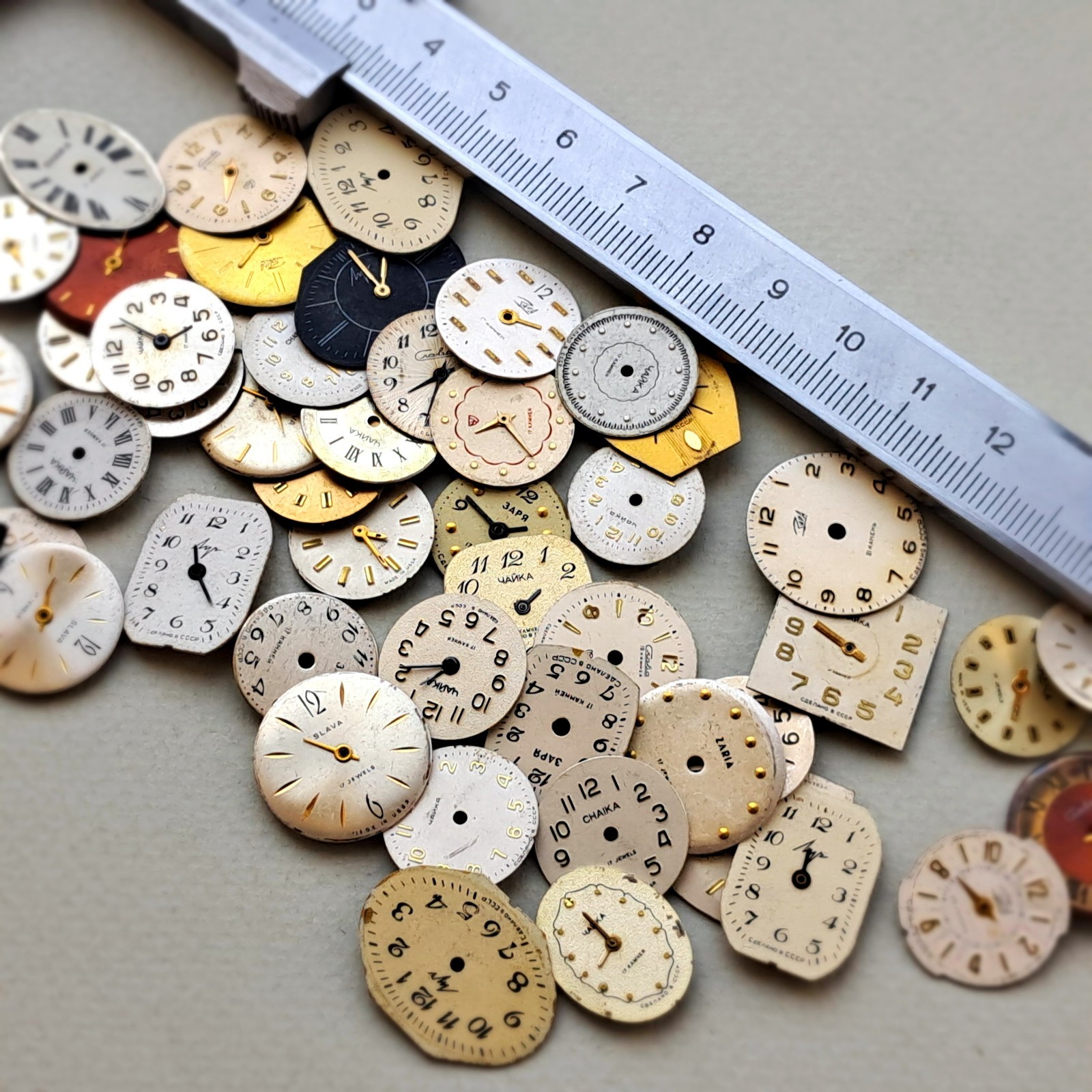 Lot of 53 Vintage Watch Dials • Mixed Shapes & Colors • USSR/Soviet • Steampunk