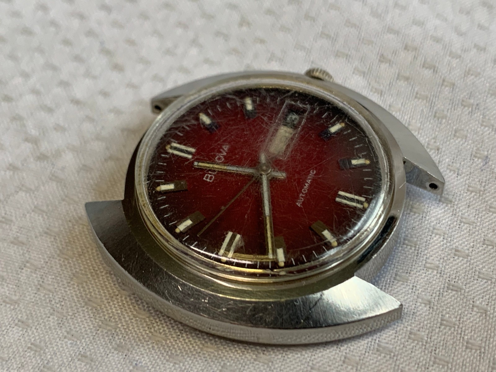 Vtg Bulova Mens Automatic Watch Face Red Dial Day Date Calendar *RUNNING*
