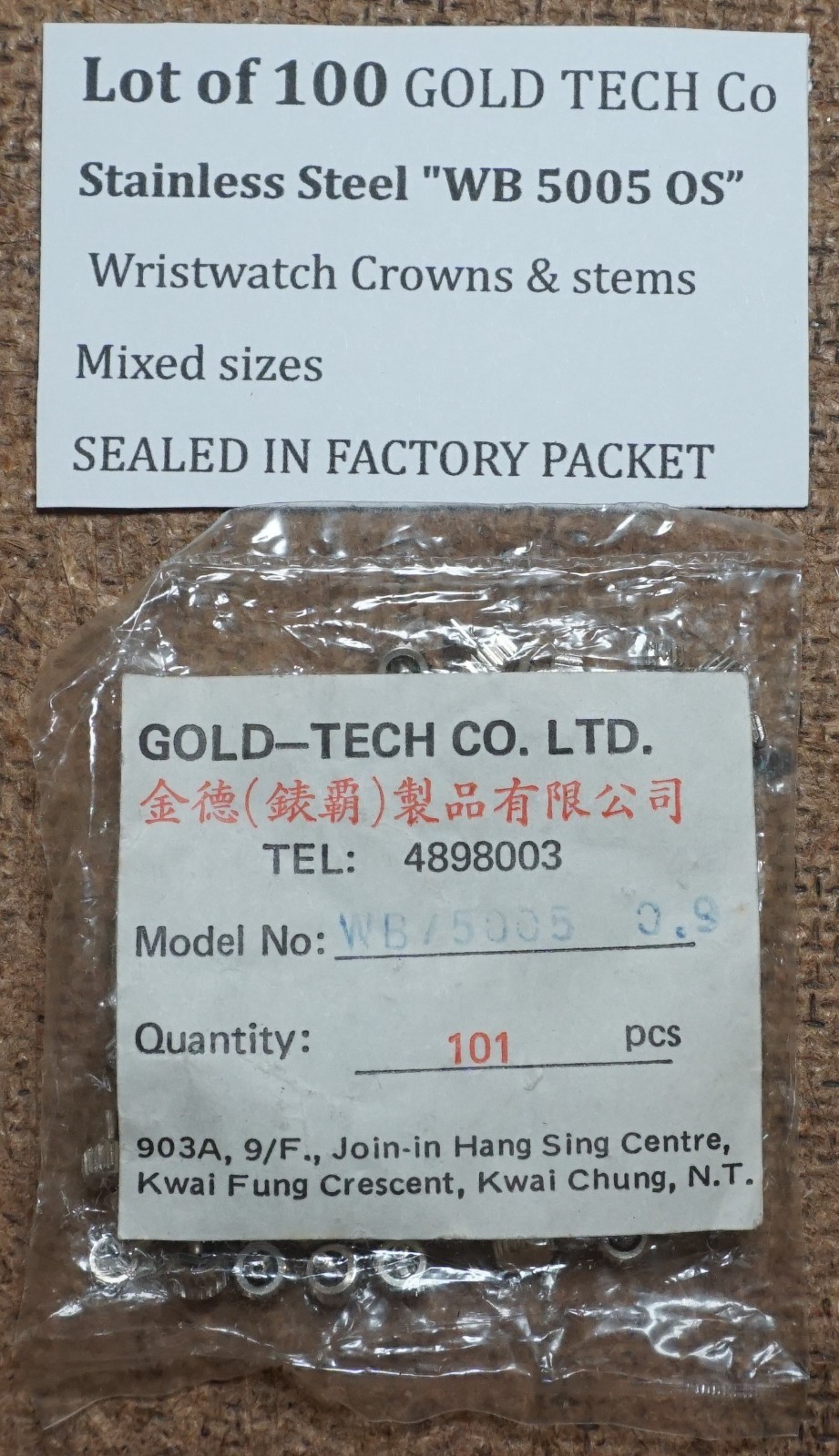 100 GOLD TECH “WB 5005” OS Stainless Steel Watch MIXED SIZES Crowns & stems NOS