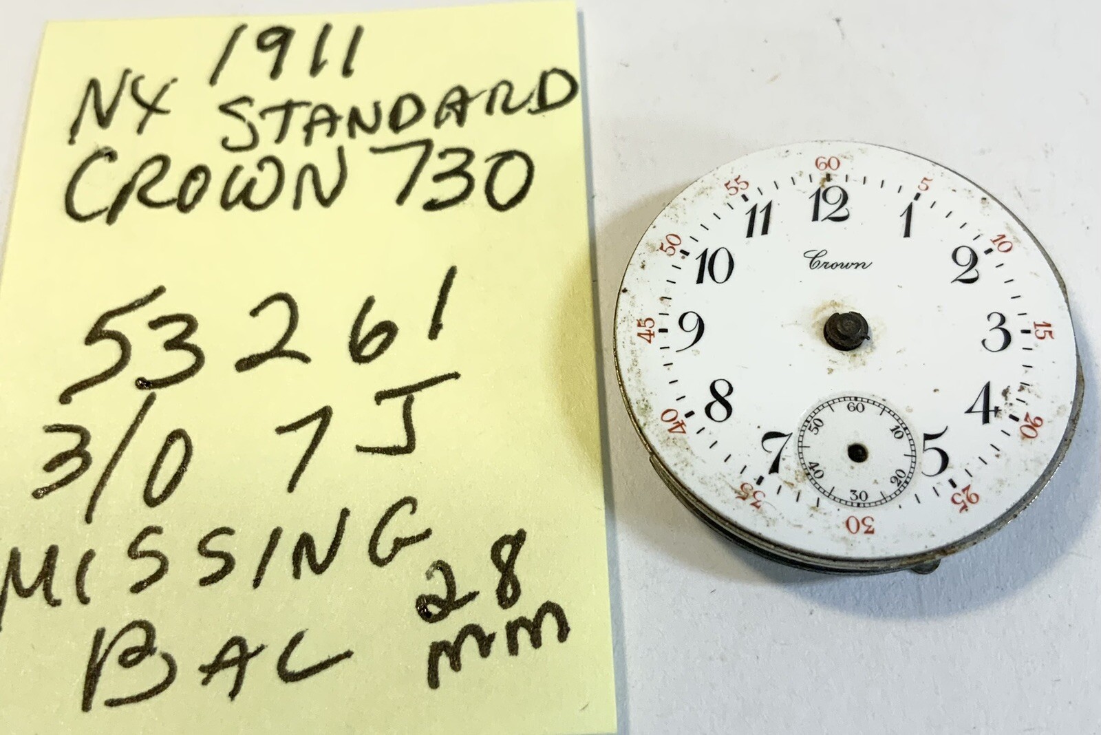 1911 New York Standard Crown 730 Pocket Watch Parts Movement 3/0 7J 53261 28mm