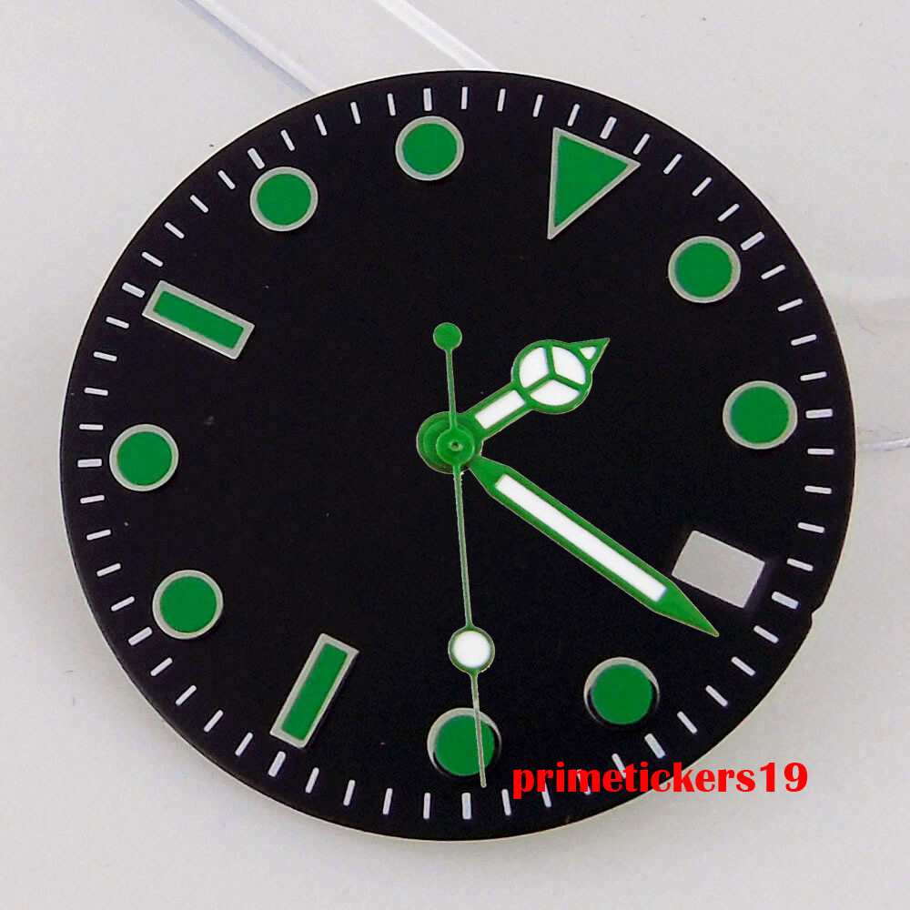 28.5mm Black/White/Green Sterile Watch Dial Face Hands Date Window Fit NH35 Movt