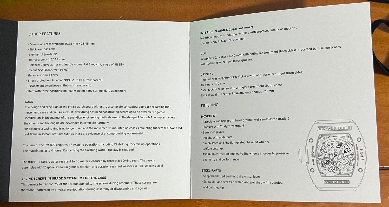 RARE Richard Mille RM029 Boutique Exclusive Technical Specification Leaflet