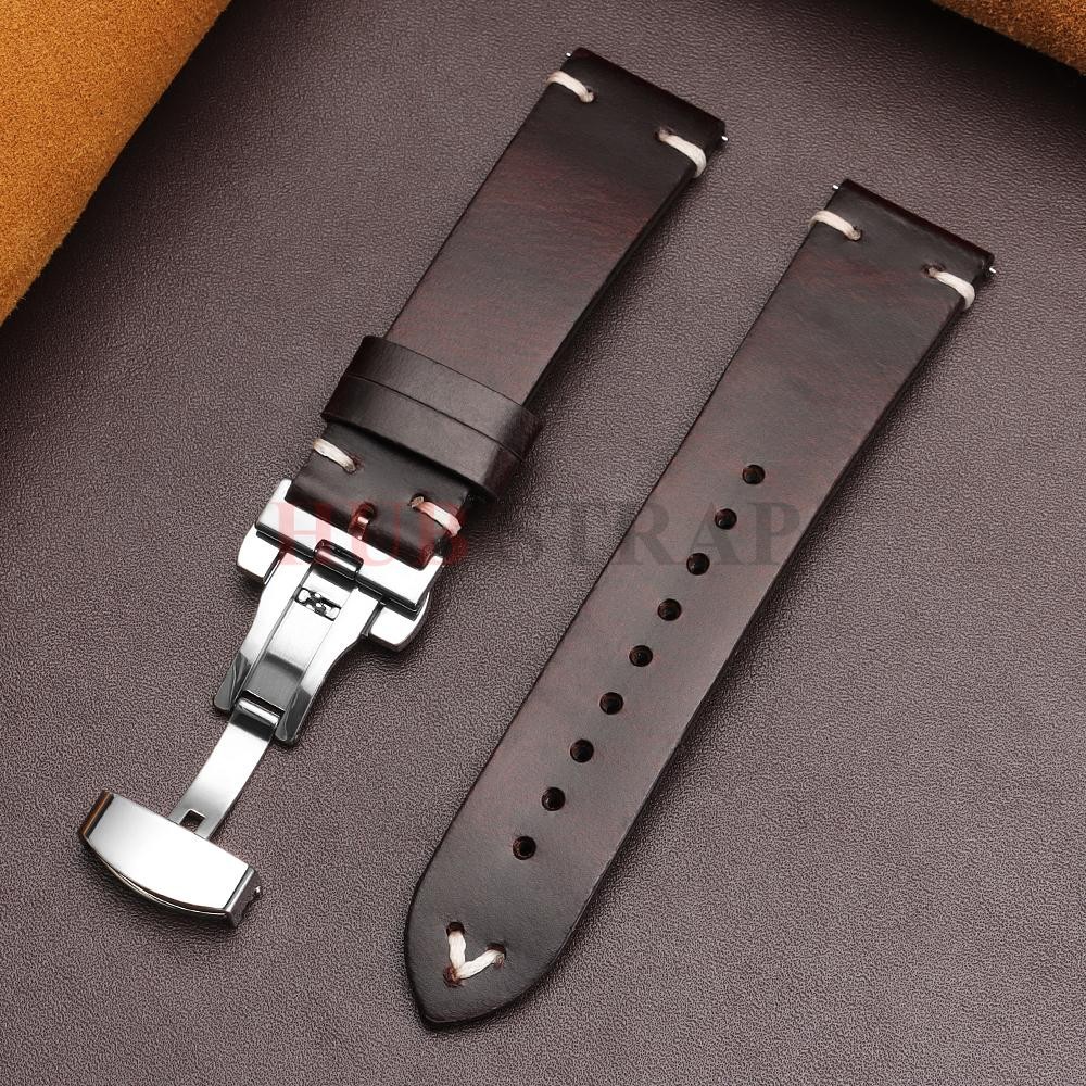 Genuine Leather Butterfly Buckle Watch Bands 18/20/22mm Waterproof Retro Oil Wax