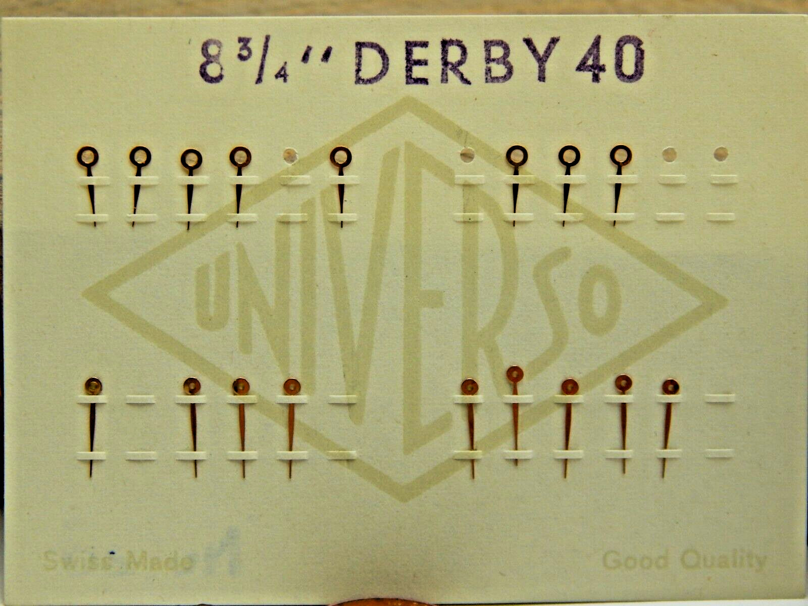 Vintage Swiss Made 8 3/4 ligne Derby 40 Universo watch hands Gold Pl Whole card