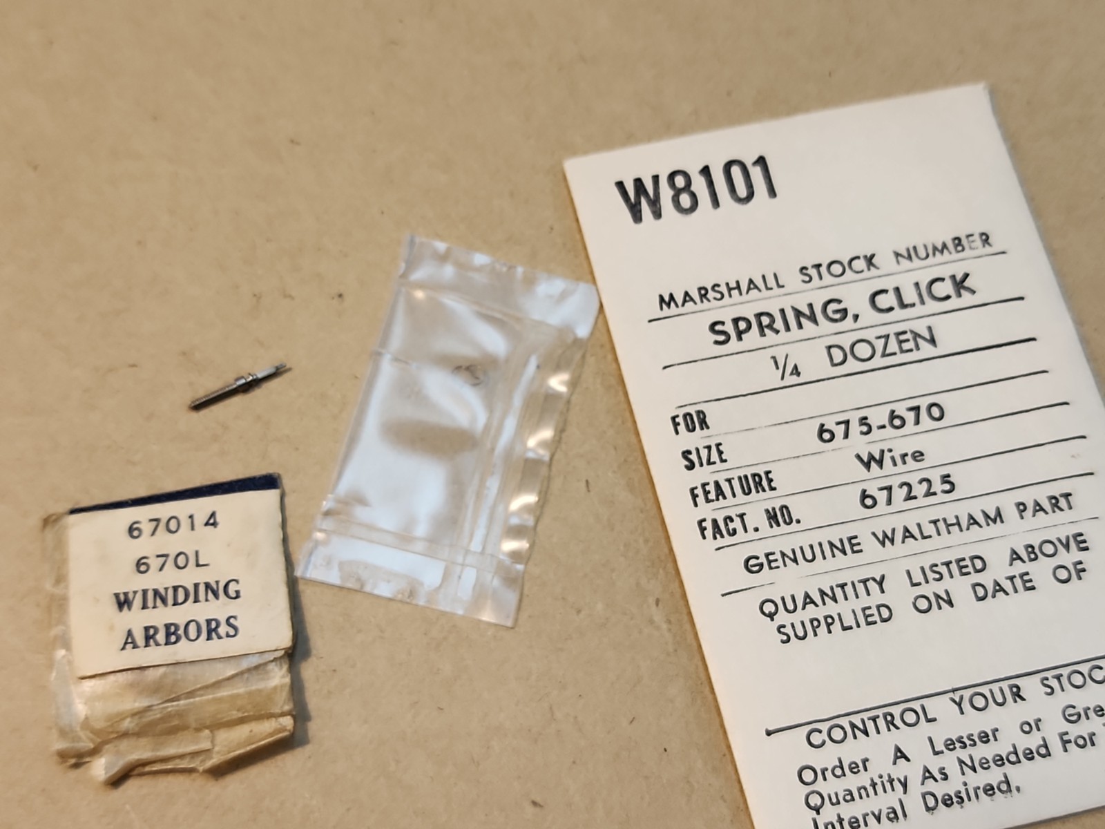 NOS Waltham 670L P/N 67014 Winding Arbor & 2 675-670 P/N 67225 Click Springs