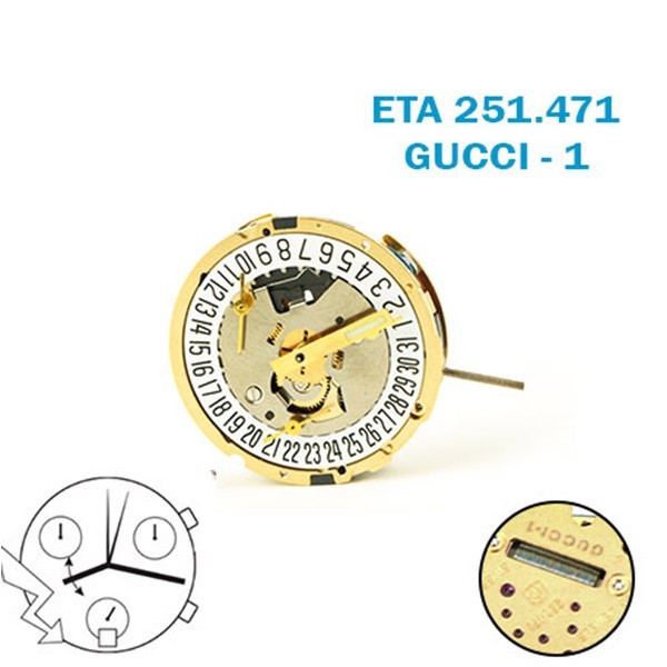 ETA 251.471 GUCCI-1 Swiss Watch Movement–23 Jewels-Chronograph-White Date at 6.