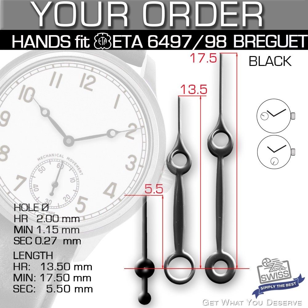 HANDS SET FOR MOVEMENT ETA UNITAS 6497-1 6498-1, Ref blued 2