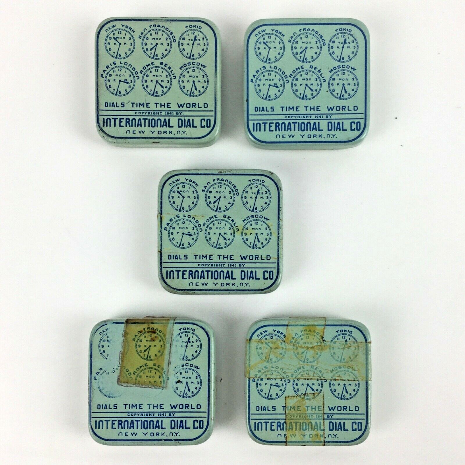 Lot 5 1941 INTERNATIONAL DIAL Watch Tins Dials Parts NY Square Vtg Advertising