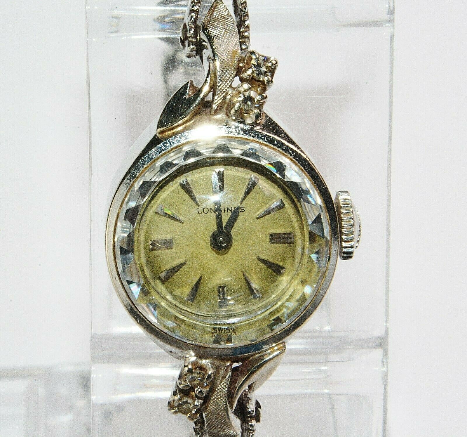 LADY’S LONGINES 14K SOLID WHITE GOLD.18 DIAMONDS WATCH.ORIGINAL DIAL