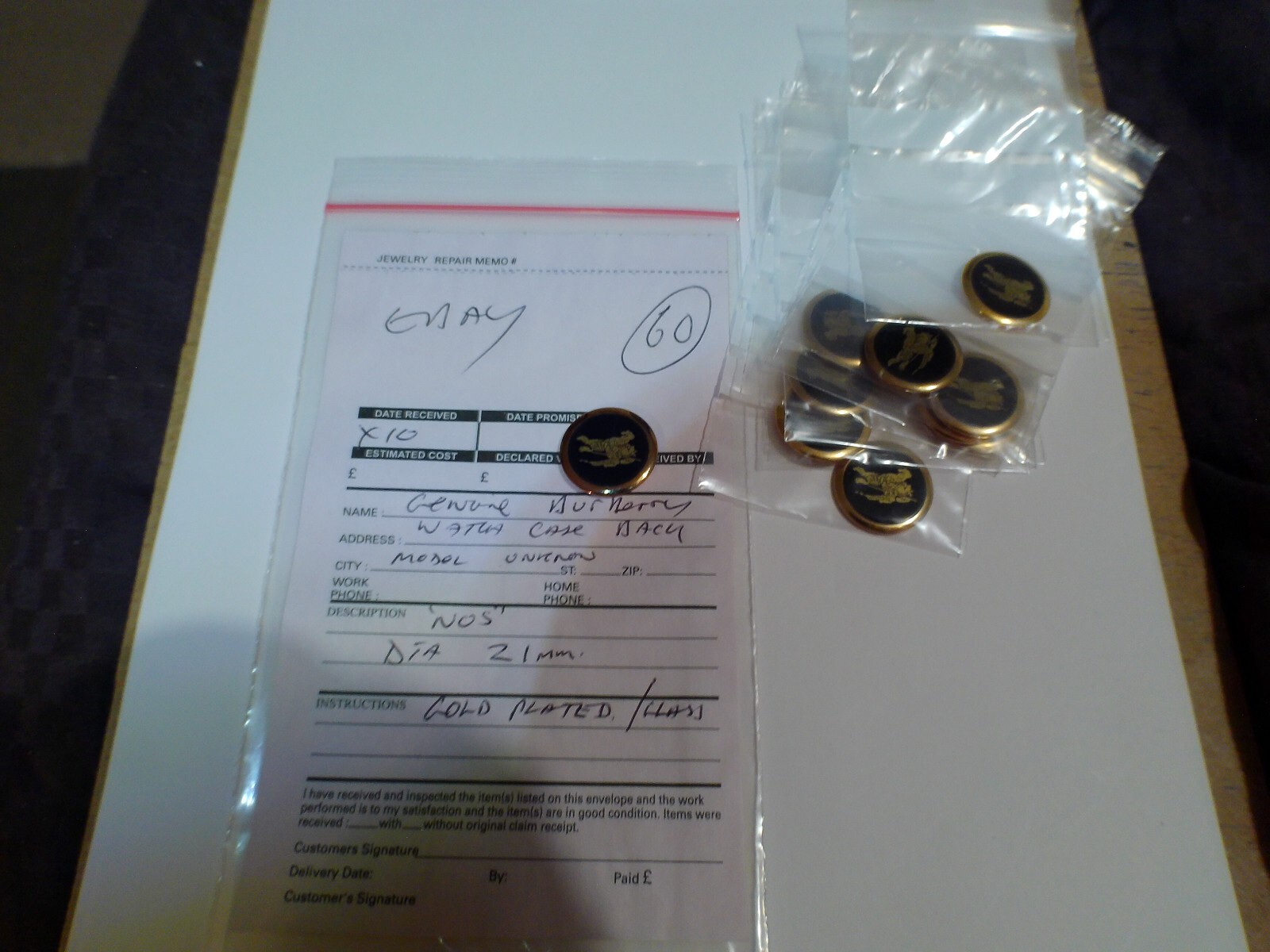 NOS Genuine BURBERRY WATCH CASE BACK, , DIA 21MM GOLD PLATED