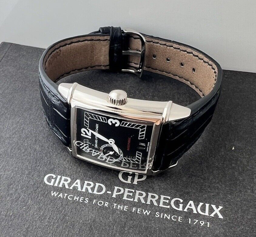 Girard Perregaux Watch 1945 Vintage 18k White Gold Ref 2596 Black Dial Art Deco
