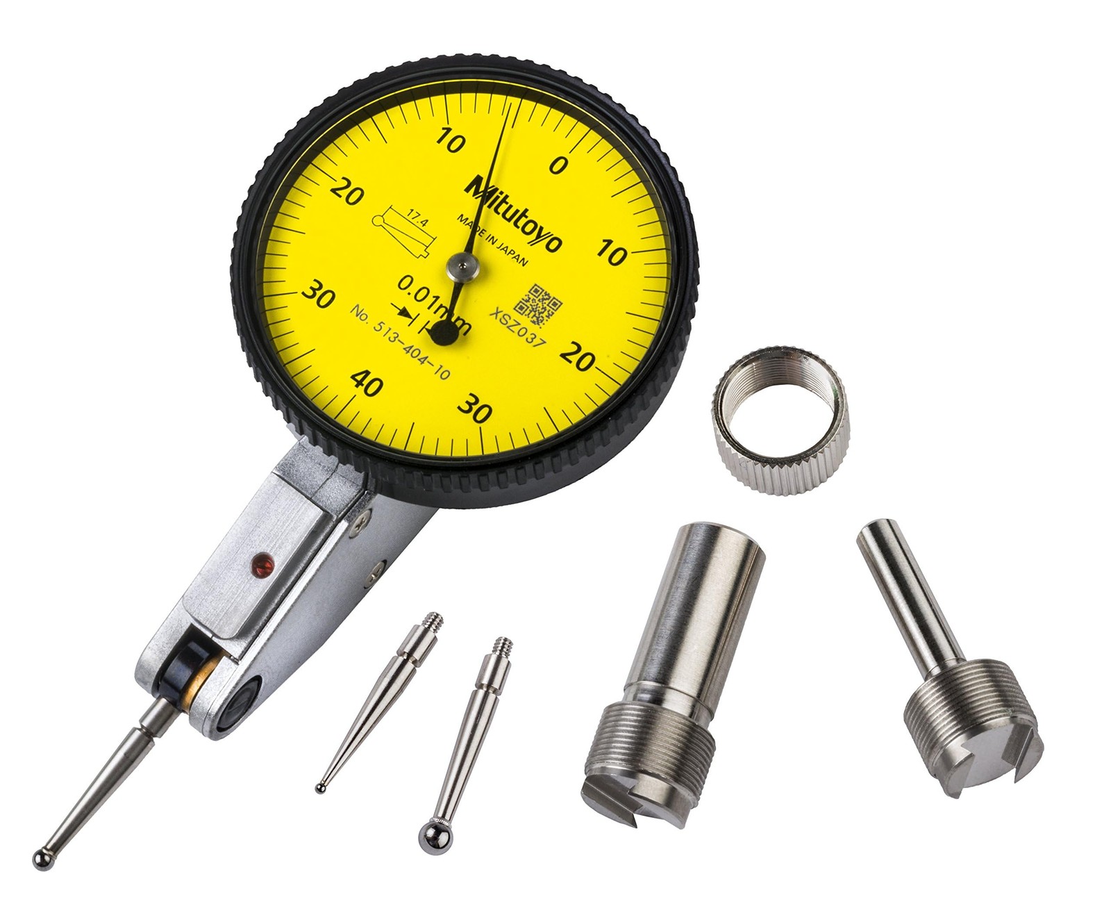 Mitutoyo 513-404-10A Dial Test Indicator, 0.8 mm Range, 0.01 Yellow