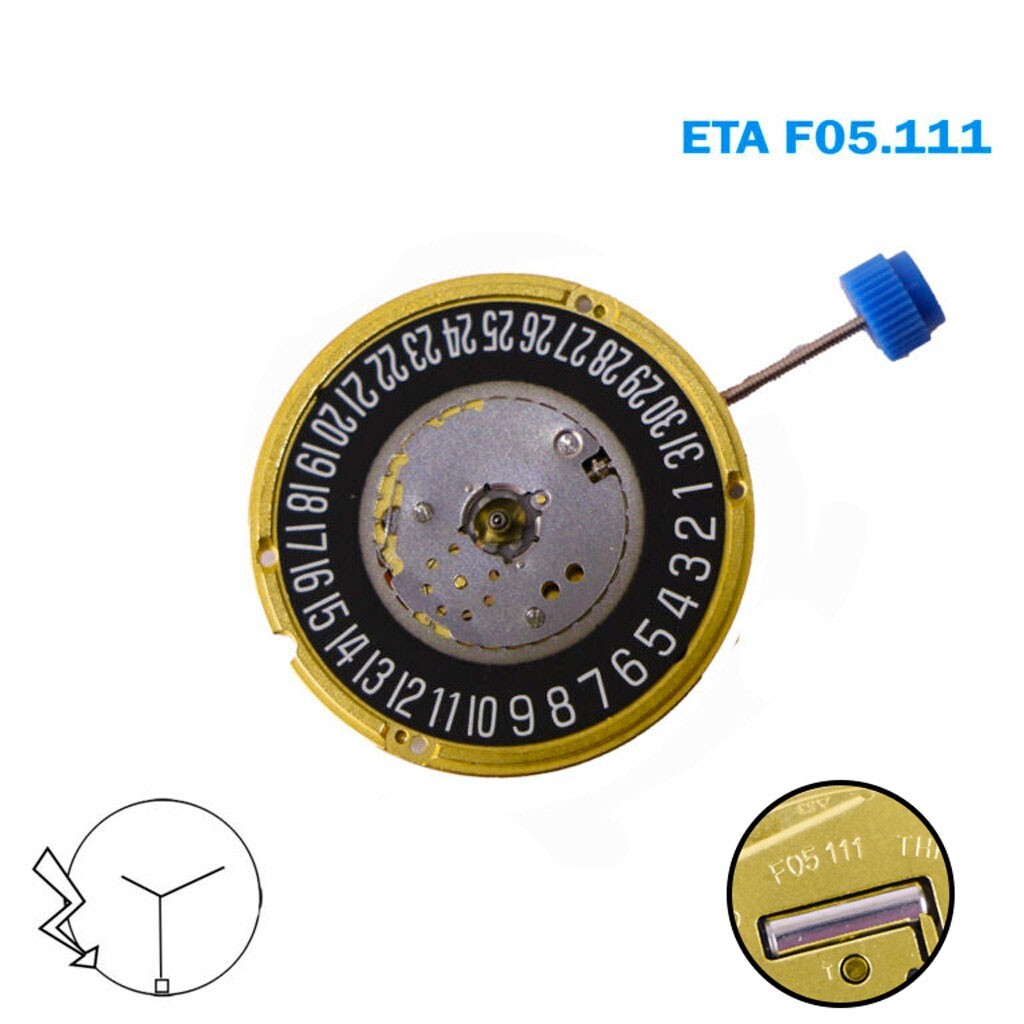 ETA F05.111 Swiss Watch Movement, Black Disk Date 6, 3Hands, 3 Jewels.