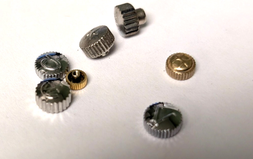 Vintage Lot of 9 Signed Watch Crowns Parts Hamilton Bulova Venus GUCCI Camy fire