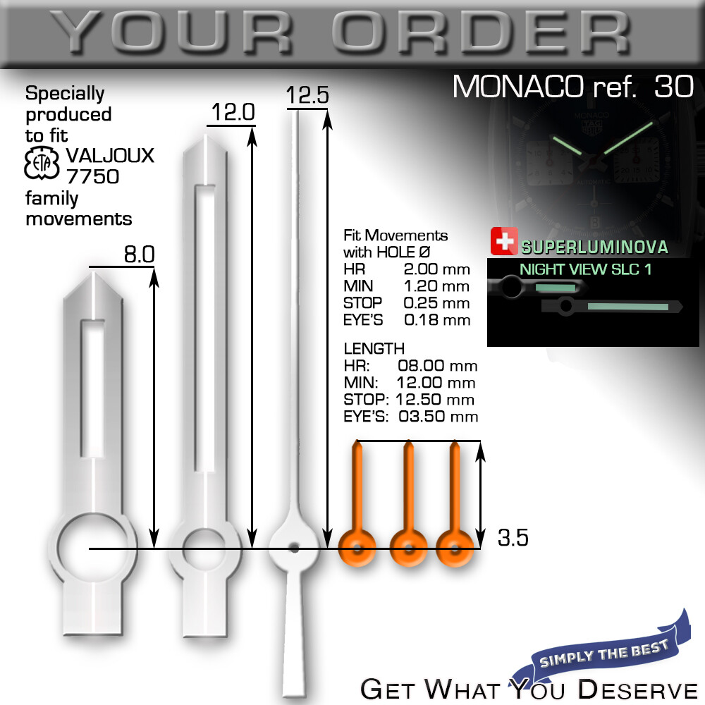 HANDS SET FOR MOVEMENT ETA VALJOUX 7750, MONACO, ref 30-37, SLC1 – SUPERLUMINOVA