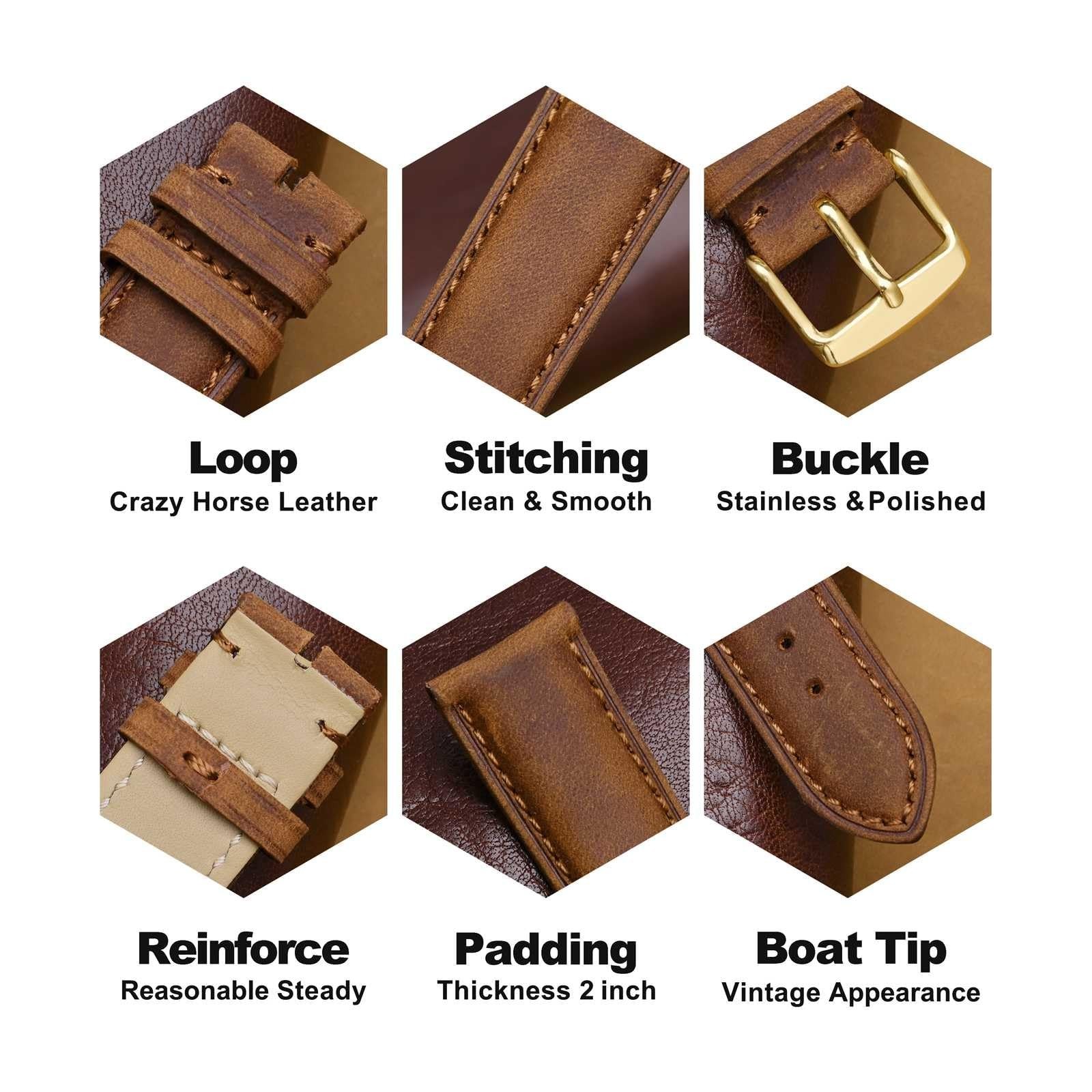 WOCCI 18mm Genuine Leather Watch Band with Gold Buckle (Caramel Brown)