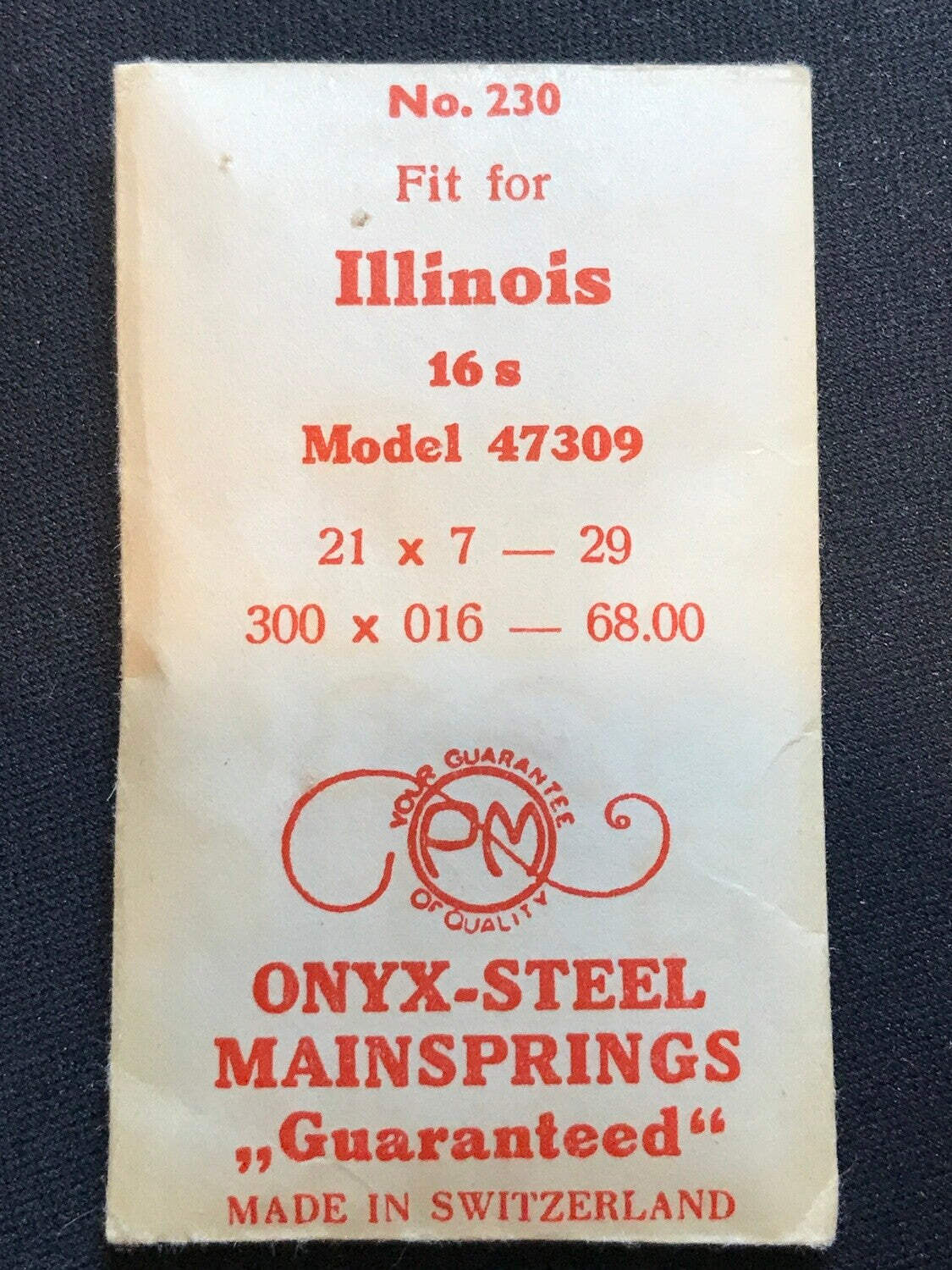 PM Mainspring #230 for Illinois 16s 60hr Factory No. 47309 – Steel