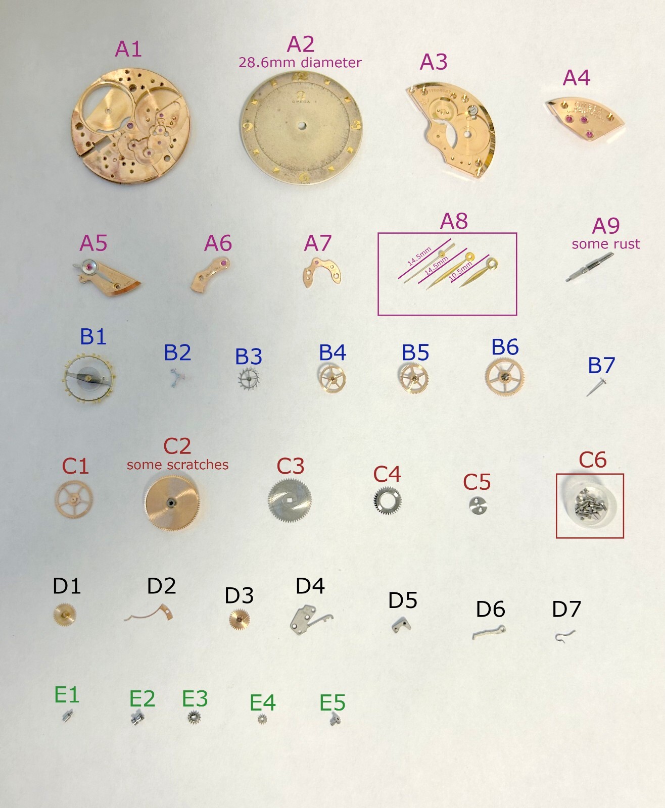Omega Cal 370 Watch Movement Parts Dial Hands 28 28SC 360 371 372 28SC 360 361
