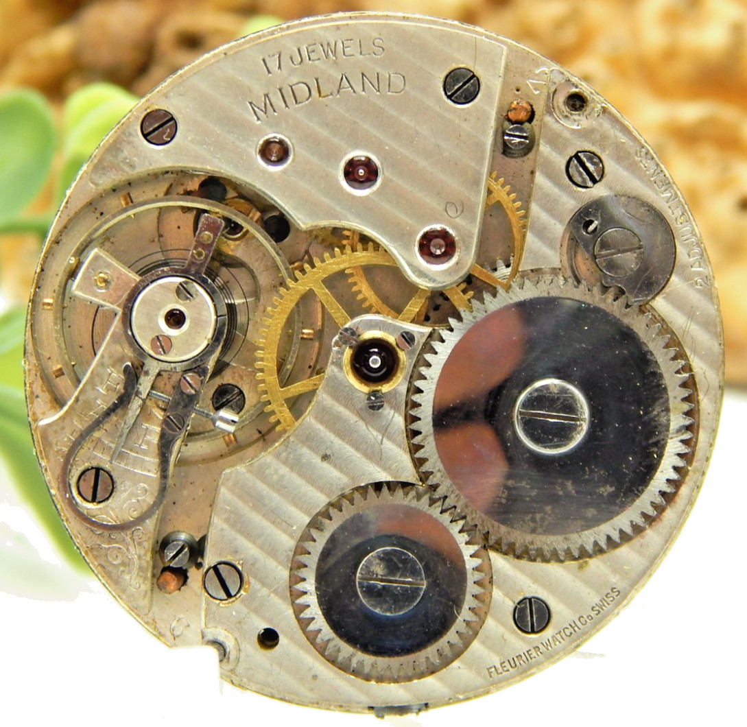 Antique Pocket watch movement Fleurier Midland 12 size 2 adjust swiss 17 jewel