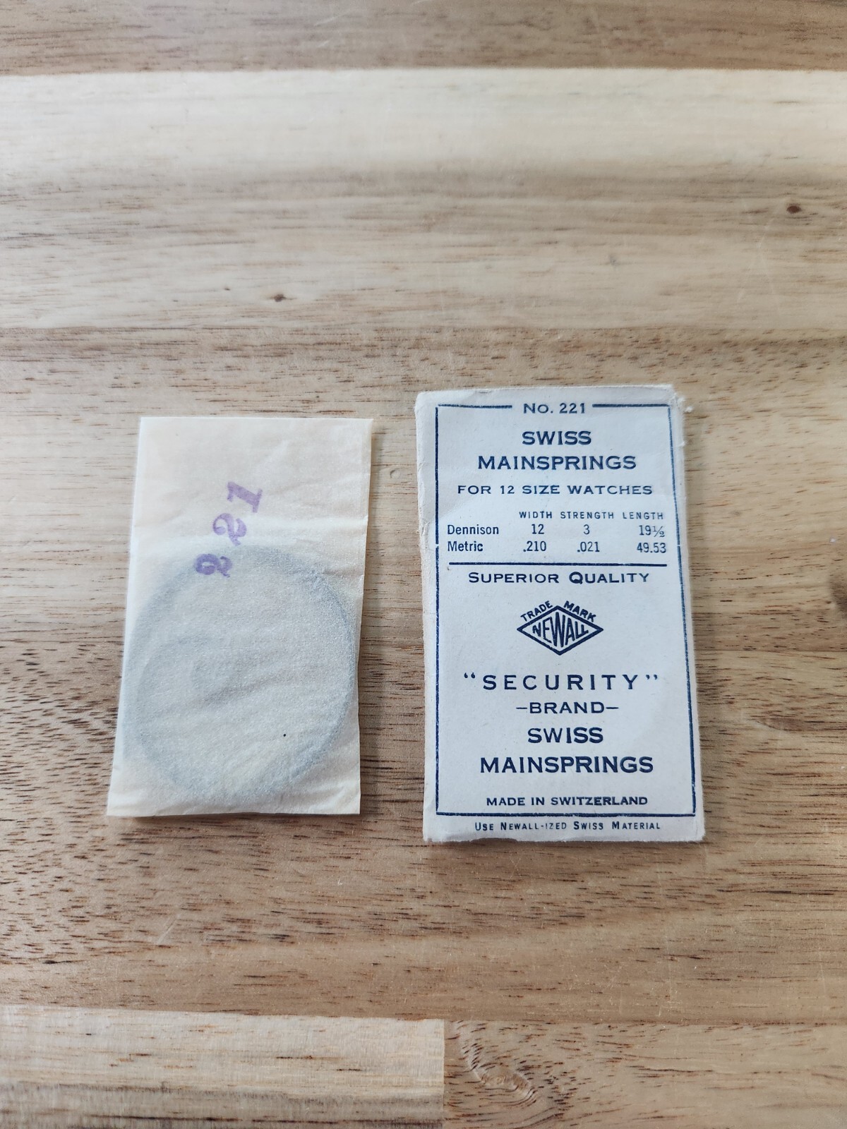 Newall Security Swiss Mainspring No. #221 for 12 Size Watches, .210 .021 49.53