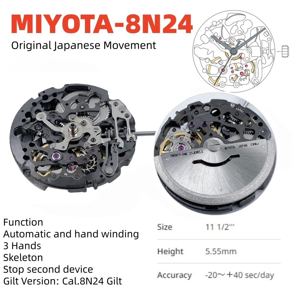 Miyota 8N24 Modified Skeleton Automatic Movement 21 Jewel Mechanical Watch Part