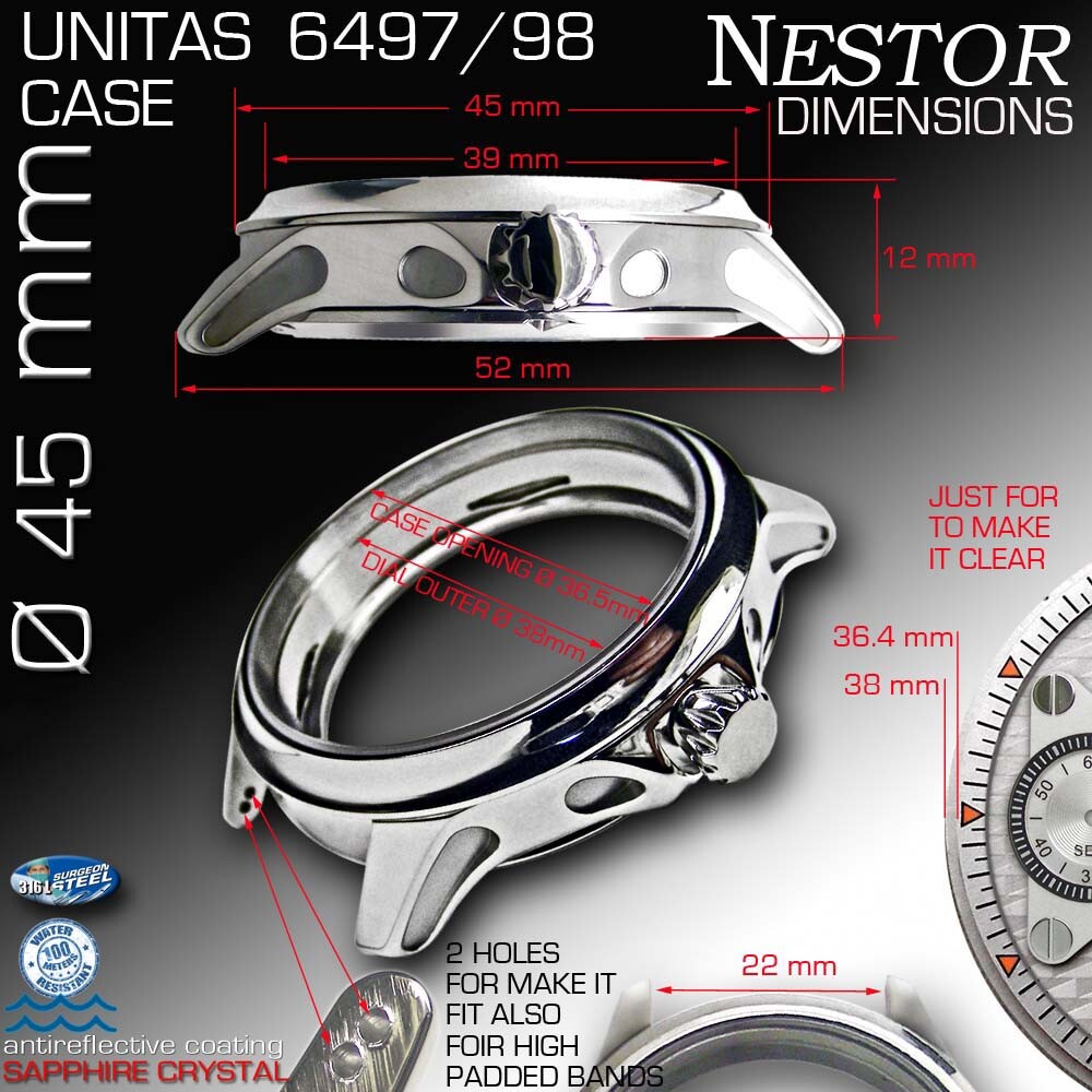 WATCH CASE NESTOR,45MM,ST.STEEL,SAPPHIRE CRYSTAL FOR MOVEMENT ETA UNITAS 6497/98